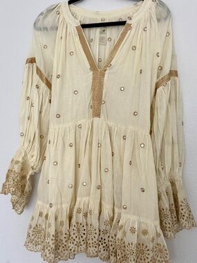 PQ Swim Cream Embroidered Tunic Dress Coverup with Gold Accents